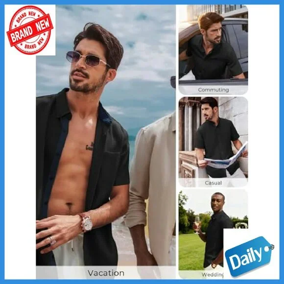 Men's Linen Blend Button Down Short Sleeve Shirt Casual Business Style - Picture 3 of 7